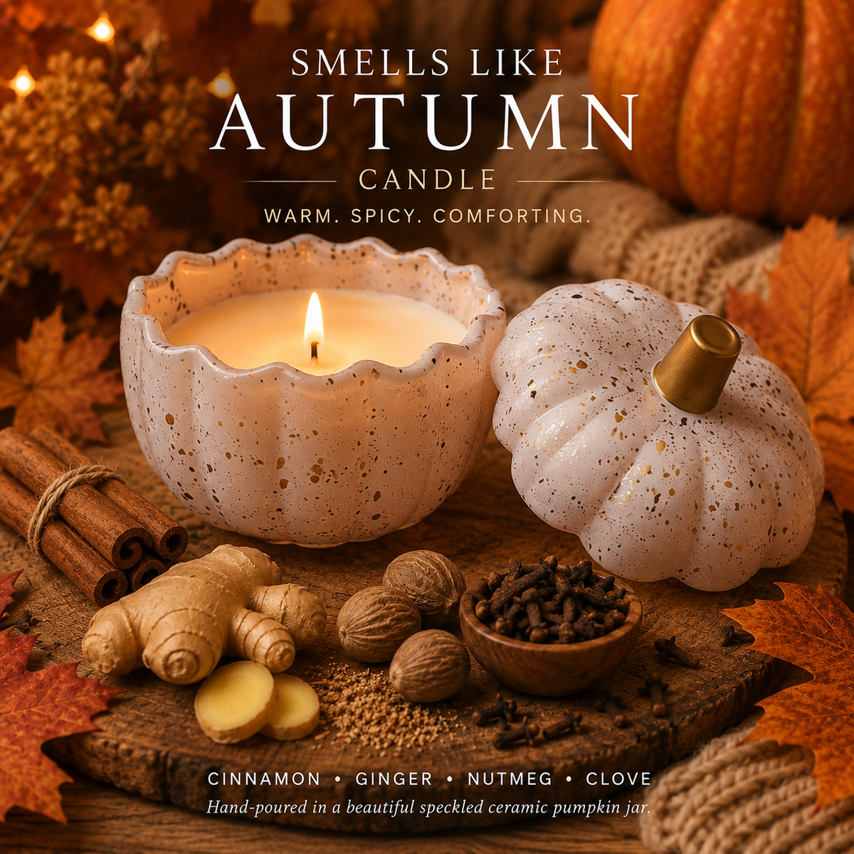 Smells Like Autumn Pumpkin Candle in White Speckled Jar-1